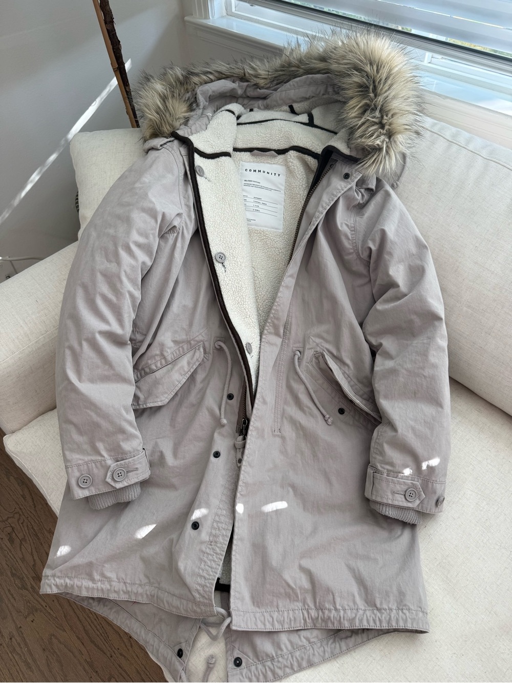 Aritzia Light Taupe Faux-Fur Trim Parka